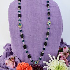37  1/2" black Tulasi with peacock and teal crystal glass beads